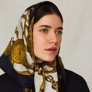 Vintage Equestrian 100% Silk Scarf Hand Rolled Hem Black Gold Bit & Bridle 34x34